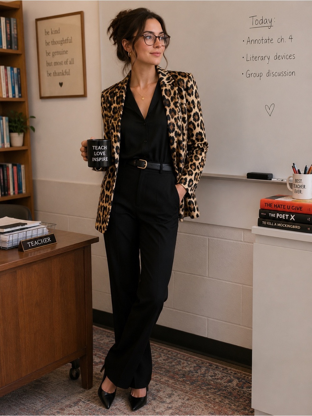 SHEIN Leopard Print Blazer with Black Trousers